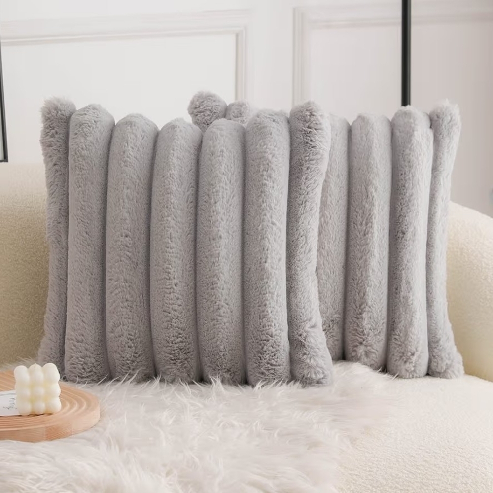 Set Of 2 Plush Grey Ribbed Decorative Throw Pillow Covers Size 24 X 24